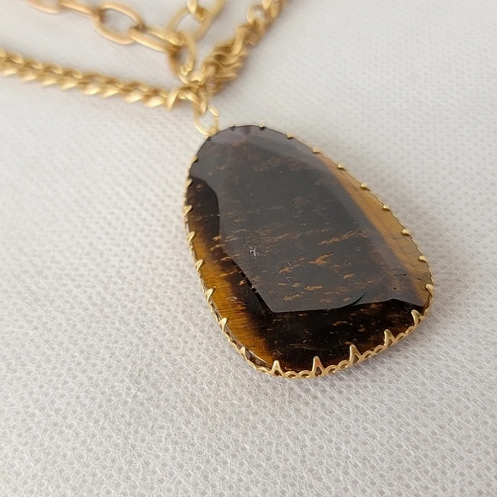 Tigers Eye Pendant Necklace Layered Chain Genuine Stone